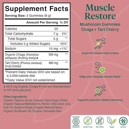 Charlotte's Web Muscle Restore Mushroom Gummies for Adults — Chaga & Tart Cherry Supplement for Muscle Recovery and Fatigue — Vegan, Kosher, Non-GMO (Dark Cherry Flavor, 30 Servings)