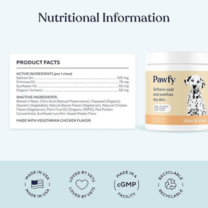 Pawfy Skin & Coat with Salmon Oil - Dog Allergy Relief Chews | Advanced Licking Paws Comfort | Dog Itching Skin Relief & Seasonal Allergies Support - Immune Support & Coat Defense | 30 Chews (Chicken)