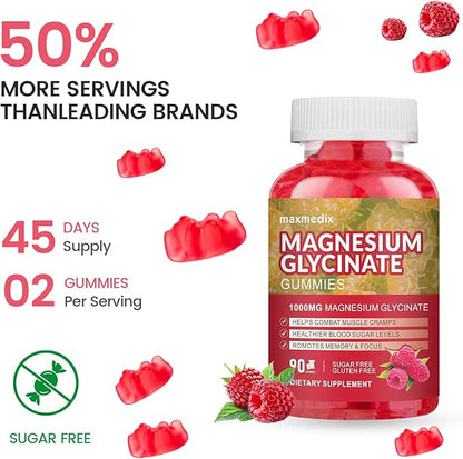 Magnesium Glycinate Gummies 1000mg, Sugar Free Magnesium Potassium Supplements Chewable for Adults with L-Threonate for Sleep, Body Support and Relaxation,90 Peach Gummies