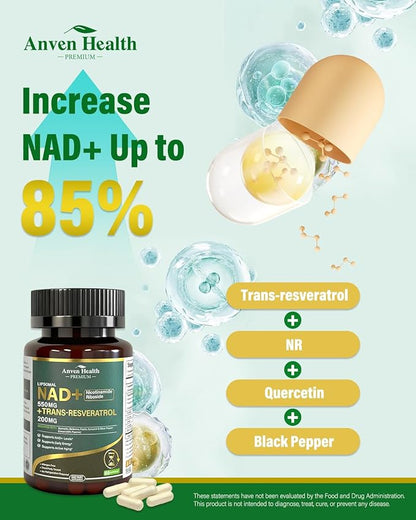 Liposomal NAD+ Resveratrol Supplement - NMN Alternative with Trans-Resveratrol, Quercetin & Fisetin - NAD Plus for Women and Men, Cellular Energy & Healthy Aging, Non-GMO | 180 Capsules