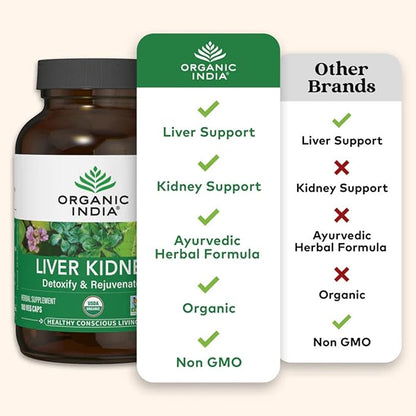 ORGANIC INDIA Liver Kidney Herbal Supplement - Detoxify & Rejuvenate, Supports Healthy Liver & Kidney Function, Vegan, Gluten-Free, Kosher, USDA Certified Organic, Non-GMO - 180 Capsules