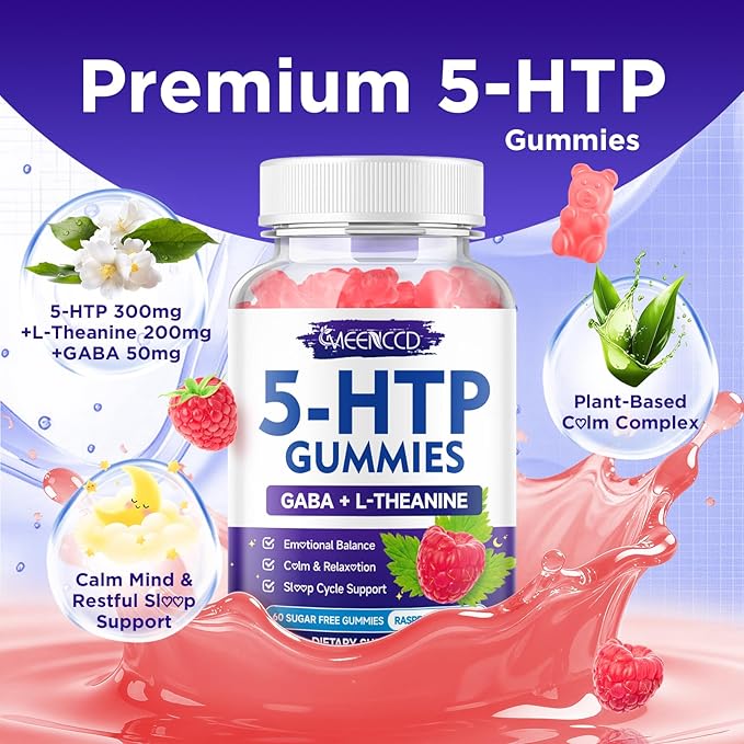 5-HTP Gummies 300mg, 5-HTP Supplement with 200mg L-Theanine & 50mg GABA, GABA Supplements for Adults, Sugar Free, Raspberry Flavor, 60 Count