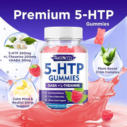 5-HTP Gummies 300mg, 5-HTP Supplement with 200mg L-Theanine & 50mg GABA, GABA Supplements for Adults, Sugar Free, Raspberry Flavor, 60 Count