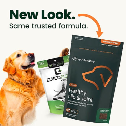 VetriScience Healthy Hip & Joint Chews, GlycoFlex Glucosamine and Green-Lipped Mussel Mobility Support Supplement for Dogs, Promote Play and Protect Joints, Chicken, 60 Count