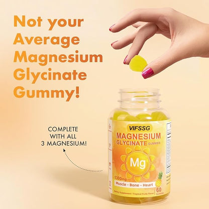 VIFSSG Magnesium Glycinate Gummies 500 Mg, Triple Magnesium Complex Sugar-Free Gummies with Malate 400 Mg, Citrate 400 Mg, Magnesium Supplement Chewable for Women & Men Vegan, Organic 60 Count