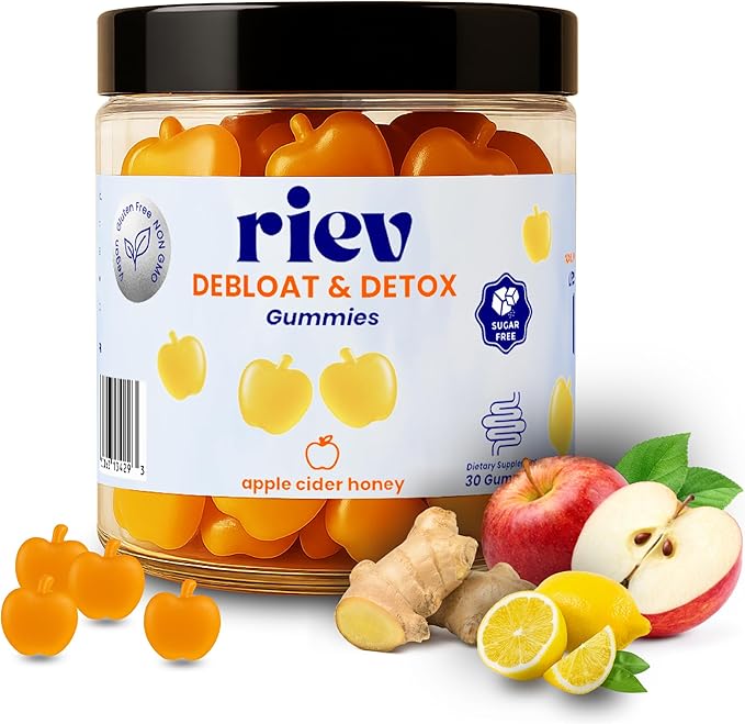 riev Debloat & Detox Gummies – Apple Cider Honey Flavor – Sugar-Free – Daily Gut Support with Ginger, Dandelion, and Magnesium – Gentle Digestion – Vegan, Non-GMO – 30 Count