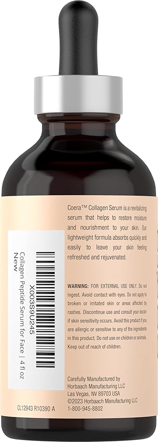 Coera Collagen Peptides | 4 fl oz | Face Serum with Verisol | Professional Strength Formula for Women | Free of Parabens, SLS, & Fragrances | Packaging May Vary