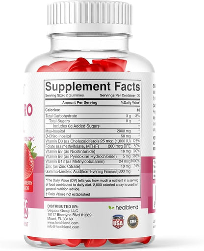 healblend Myo & D-Chiro Inositol Gummies - PCOS Support for Women, Hormone Balance, Fertility & Ovulation - with Methylfolate, Vitamin D3, Zinc, Evening Primrose - Strawberry, Sugar-Free, 60ct (1)