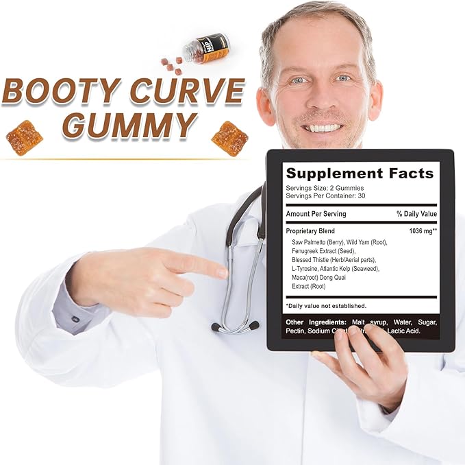 Booty Gummies for Big Butt and HIPS, Bigger Butt Gummies for Natural Curves, 1 PCS Bum Support Gummies, Berry Flavored Women Support Supplement, Boost Glute Growth, Fenugreek, 60 Count.