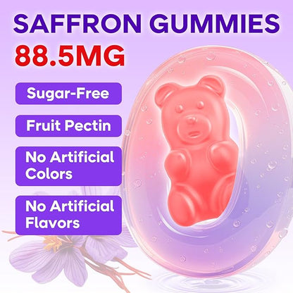 MEENCCD Saffron Gummies for Kids & Adults - Saffron Supplements with Magnesium, L-Theanine, Rhodiola, Sugar-Free, Raspberry Flavor, 60 Count