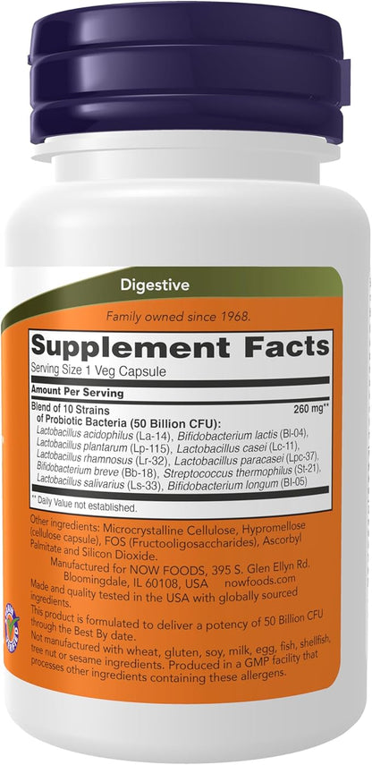 NOW Foods Supplements,Probiotic-10™,50 Billion,with 10 Probiotic Strains,Strain Verified,50 Veg Capsules,(Pack of 2)
