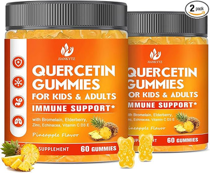 (2 Pack) Sugar Free Quercetin with Bromelain Gummies for Kids & Adult - Immune, Antioxidant, Seasonal Support, 1000mg Quercetin Supplements with Bromelain, Zinc, Elderberry, Vitamin C D3 E, 120 Count