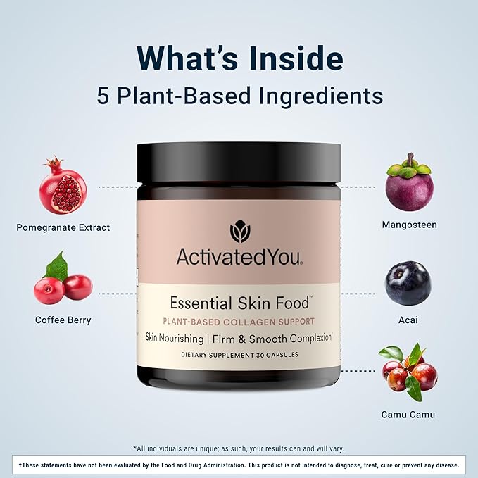ACTIVATEDYOU Essential Skin Food, Advanced Skincare Collagen Elastin Support Supplement for Aging Skin, Helps Improve Appearance of Face Texture, Sagging w/Dermaval, Vitamin C, Lysine (30 Capsules)