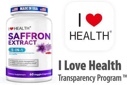 Saffron Supplement – 88.5mg with Magnesium Glycinate, Ashwagandha & L-Theanine for Stress Relief, Calm Mood & Emotional Balance – Made in USA – 60 Capsules