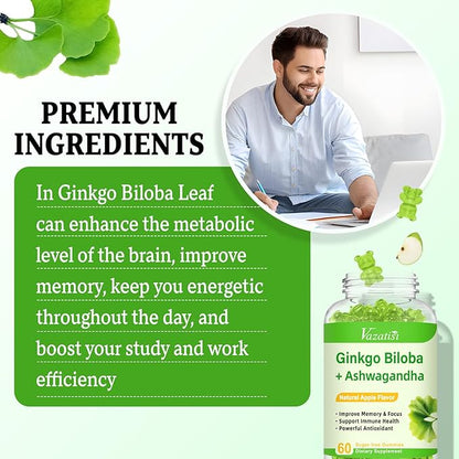Ginkgo Biloba Gummies 240mg with Panax Ginseng for Better Mood and Focus, Booster Brain Health, 60 Vegan Apple Flavor Gummies