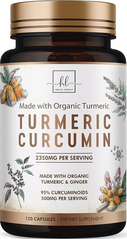 Turmeric Curcumin Supplement with 95% Curcuminoids, Organic Turmeric & Ginger 1750mg, BioPerine Black Pepper for Best Absorption, Nature's Vegan Joint Support, Non-GMO, Bottled in USA - 120 Capsules