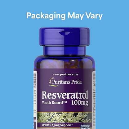 Puritan's Pride Premium Resveratrol Youth Guard™ 100mg, Dietary Supplement for Immune System, Antioxidant, Sugar Metabolism, Blood Flow, and Vascular Function Support, 120 Rapid Release Softgels