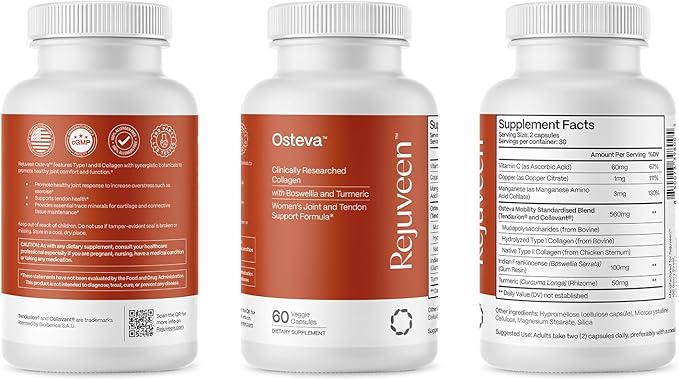 Osteva Joint Support Supplement for Women | High Potency Collagen, Turmeric, Boswellia | for Flexible Cartilage & Tendons, Resilient Knees & Hip, Improved Mobility | Non-GMO, 60 Ct (3 Pack)