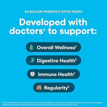 Physician’s Choice 60 Billion CFU Probiotic Stick Packs - 10 Strains + Prebiotics - Immune, Digestive & Gut Health - Supports Occasional Constipation, Diarrhea, Gas & Bloating - for Women & Men - 24CT