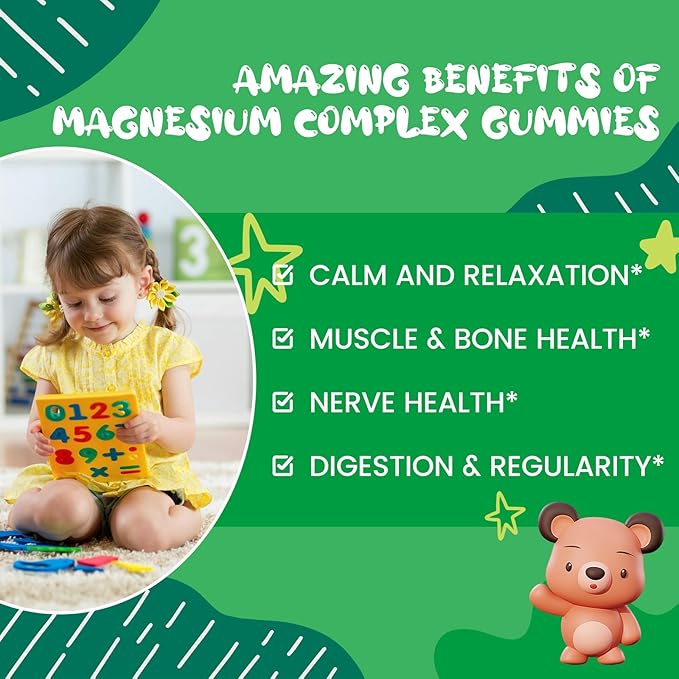 Kids Magnesium Gummies, Magnesium Glycinate Gummies for Kids & Adults with Citrate, L-Theanine, Chamomile, Vitamin B6 for Sleep, Relaxation, Brain & Muscle, Sugar Free Apple & Kiwi Flavor 60ct