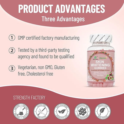Skin Whitening Gummies, with Glutathione, Collagen and Bioth, Hydrated Youthful Skin, Glow and Spots Fading, Anti-Aging, 60 Count
