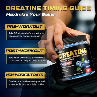 Creatine Gummies for Men & Women, 5-in-1 Complex with Taurine, L-Carnitine, Vitamin B12 & B6 Support Muscle, Strength & Recovery, 5g Creatine Monohydrate Gummies Post & Pre Workout Supplements, 120 Ct
