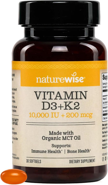 NatureWise Vegan Vitamin D3 + K2 in Organic Coconut MCT Oil - Natural D3 10000IU + Natural K2 200mcg - High Absorption Bone Support - Non-GMO - USA Manufactured - 30 Softgels[30-Day Supply]