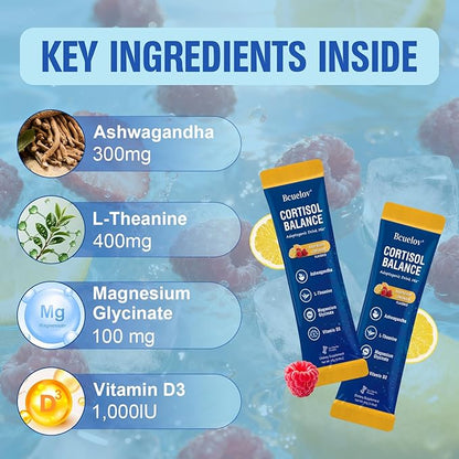 Cortisol Drink Mix, Cortisol Supplements for Women Men with Magnesium Glycinate, Ashwagandha, L-Theanine, Vitamin D 3 for Sleep & Relaxation, On The Go, 30 Ct (Raspberry Lemonade Flavor)
