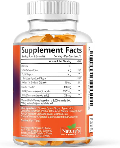 Omega 3 Fish Oil Gummies - Triple Strength Omega3 Gummy - DHA & EPA Fatty Acids for Heart Health, Joint & Brain Support, Nature's High Absorption Omega Fish Oil Supplement, Orange Flavor- 60 Gummies