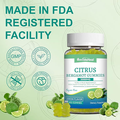 Citrus Bergamot Gummies 3000mg, Bergamot Supplement for High Cholesterol, Cholesterol Lowering Supplement for Heart, Immune System & Anti-Aging, Sugar Free Vegan 60 Gummies