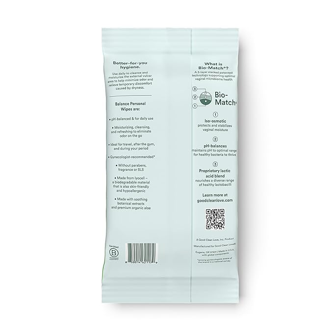Good Clean Love Balance pH-Balanced Feminine Wipes, Supports Vaginal Health Naturally & Reduces Odor, Non-Irritating Moisturizing & Cleansing Hygiene Product Made with Organic Aloe, (30 Count)