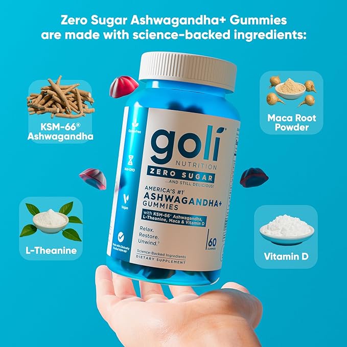 Goli Zero Sugar Ashwagandha Gummies, 60 Count Each (3 Pack, 180 Total) – with KSM-66, L-Theanine, Maca and Vitamin D - No Sugar Alcohols - Vegan, Keto-Friendly, Non-GMO