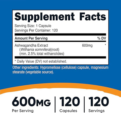 Nutricost Ashwagandha Herbal Supplement 600mg, 120 Capsules - Vegetarian, Non-GMO, Gluten Free, Ashwagandha Root