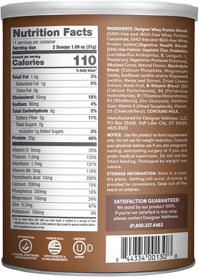 Designer Wellness, Designer Whey, Natural Whey Protein Powder with Probiotics, Fiber, and Key B-Vitamins for Energy, Gluten-Free, Gourmet Chocolate, 12oz
