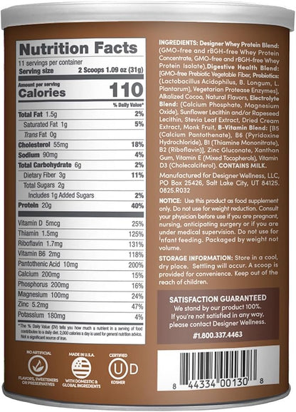 Designer Wellness, Designer Whey, Natural Whey Protein Powder with Probiotics, Fiber, and Key B-Vitamins for Energy, Gluten-Free, Gourmet Chocolate, 12oz