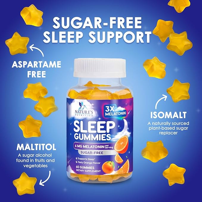 Melatonin Sleep Gummies - 6mg Per Serving - Sugar-Free Sleep Support Melatonin Gummy for Adults - Extra Strength Sleeping Gummy Supplement - Supports Restful Sleep - Tasty Orange Flavor - 60 Gummies