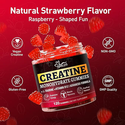 Creatine Gummies for Men & Women, Creatine Monohydrate Gummies, 5g Creatine per Serving, Gluten Free, Vegan Friendly, Strawberry Flavor, 120 Count