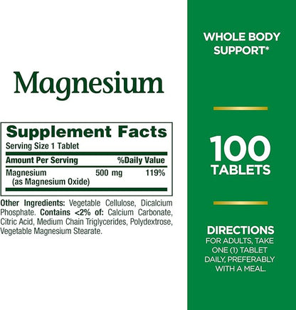 Nature's Bounty Magnesium, Mineral Supplement, Supports Bone and Muscle Health, 500 mg, Coated Tablets, 100 Count (Pack of 3)