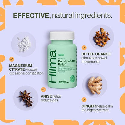 Hilma Gentle Bowel, Occasional Constipation Relief with Magnesium Citrate, Natural and Gentle Laxatives for Constipation w/Magnesium Citrate, Ginger, Anise and Bitter Orange, 46 Vegan Capsules