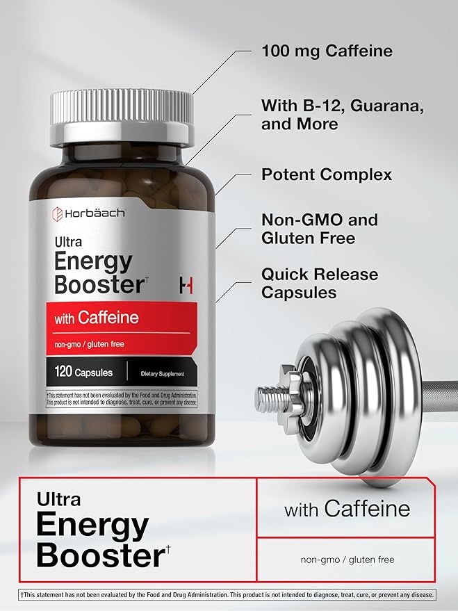 Horbäach Energy Supplement | 120 Capsules | with Caffeine, Ginseng & Vitamin B12 | Daily Energy Booster Pills | Non-GMO, Gluten Free