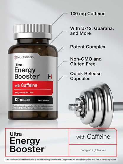 Horbäach Energy Supplement | 120 Capsules | with Caffeine, Ginseng & Vitamin B12 | Daily Energy Booster Pills | Non-GMO, Gluten Free