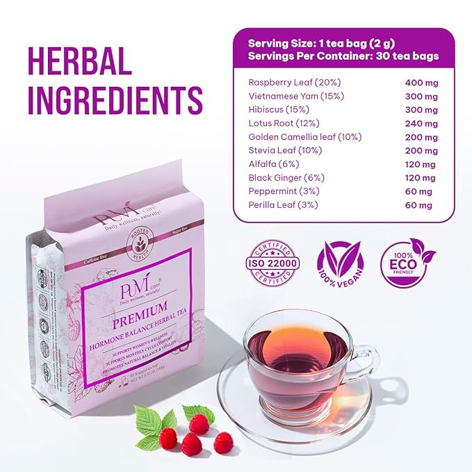Hormone Balance Tea for Women – Raspberry Leaf, Dioscorea Persimilis, Hibiscus Tea Organic, Black Ginger for Menstrual Healthy Cycle Support, PMS & PCOS Support, Postpartum Recovery,90 Herbal Tea Bag