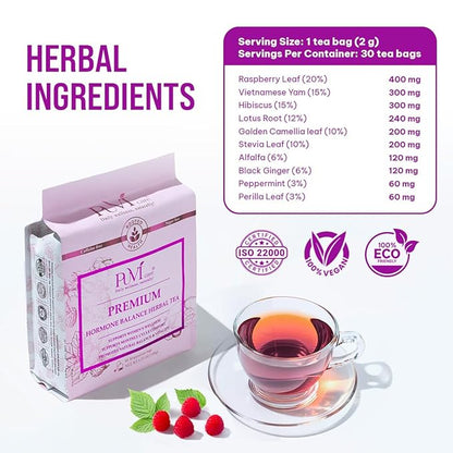 Hormone Balance Tea for Women – Raspberry Leaf, Dioscorea Persimilis, Hibiscus Tea Organic, Black Ginger for Menstrual Healthy Cycle Support, PMS & PCOS Support, Postpartum Recovery,30 Herbal Tea Bag