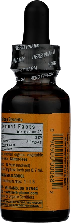 Herb Pharm Certified Organic Skullcap Liquid Extract for Nervous System Support, 1 Fl Oz