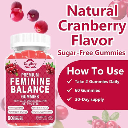 Feminine Probiotics Gummies, Vaginal Health & Women's pH Balance Gummy Supplement with Cranberry Pineapple Powder, Sugar Free Vegan, 60 Count (Cranberry)
