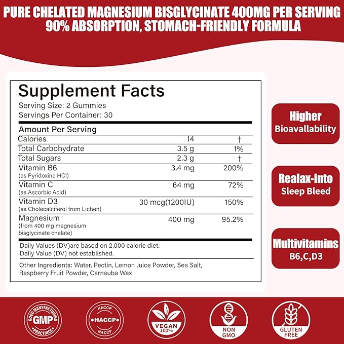 Hywebvctok 400mg Magnesium Bisglycinate Gummies with Vitamin B6, C, D3, Promotes Muscle & Nerve Function, Relaxation & Wellness, Raspberry Flavor, 60 Count