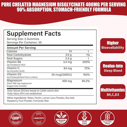 Hywebvctok 400mg Magnesium Bisglycinate Gummies with Vitamin B6, C, D3, Promotes Muscle & Nerve Function, Relaxation & Wellness, Raspberry Flavor, 60 Count