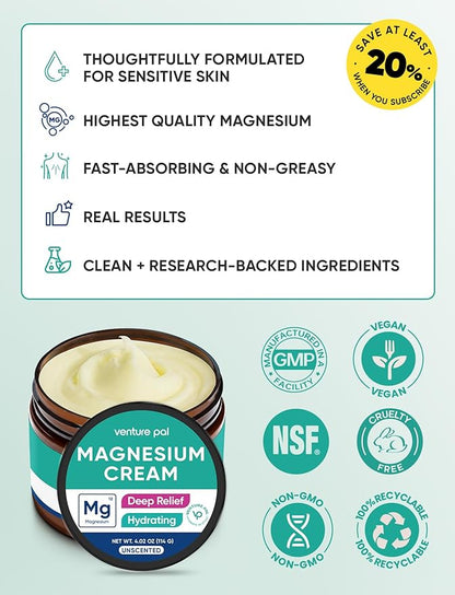 Venture Pal Topical Magnesium Cream, Fast-Absorbing Magnesium Moisturizing Lotion with Coconut Oil, Shea Butter & Hyaluronic Acid, Suitable for Kids