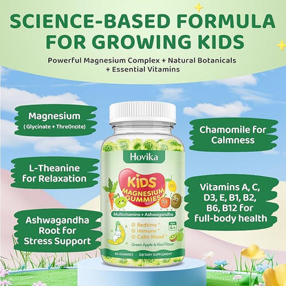Magnesium Gummies for Kids - Magnesium Glycinate Gummies with L-Theanine, Chamomile & Multivitamins for Sleep, Calm & Focus - Green Apple & Kiwi Center-Filled Gummies 60 ct