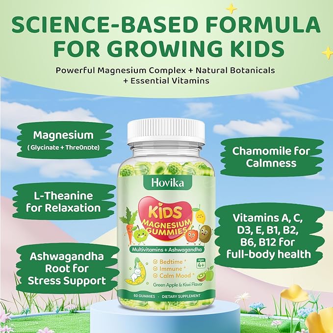 2 Pack Center-Filled Magnesium Glycinate Gummies for Kids - Magnesium Supplement Gummes with L-Theanine, Chamomile & Multivitamins for Sleep, Calm & Focus, Melatonin-Free - Green Apple & Kiwi, 60 CT